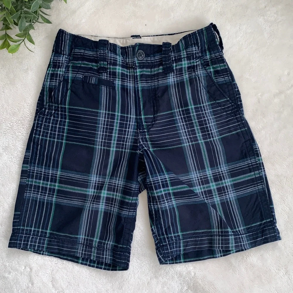 GAP Navy Blue & Green Plaid Shorts Boys 7 EUC Adjustable Waist